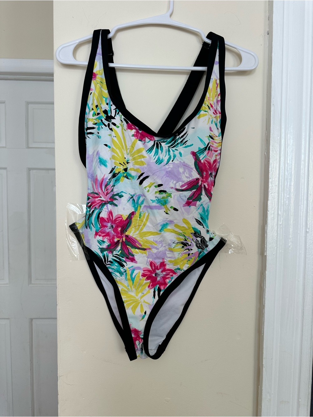 Bar III White Floral One-Piece Swimsuit with Black Trim